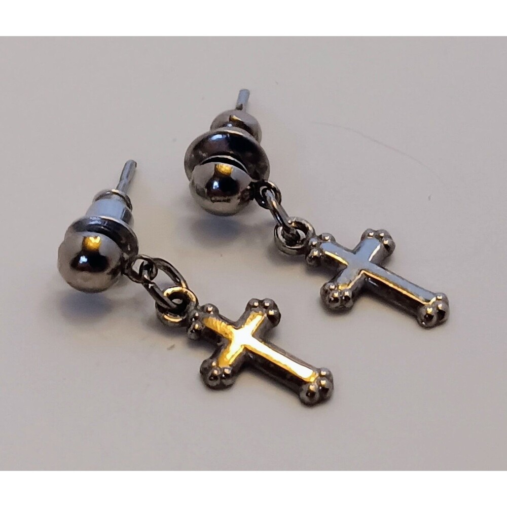 Dainty Silvertone Cross Dangle Stud Earrings 3/4 in